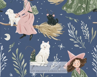 Cute Witch Seamless Pattern – Magic Girl, Cat and Dog Flying Repeat on Night Sky for Halloween Fabric, Kids Decor and Craft Projects