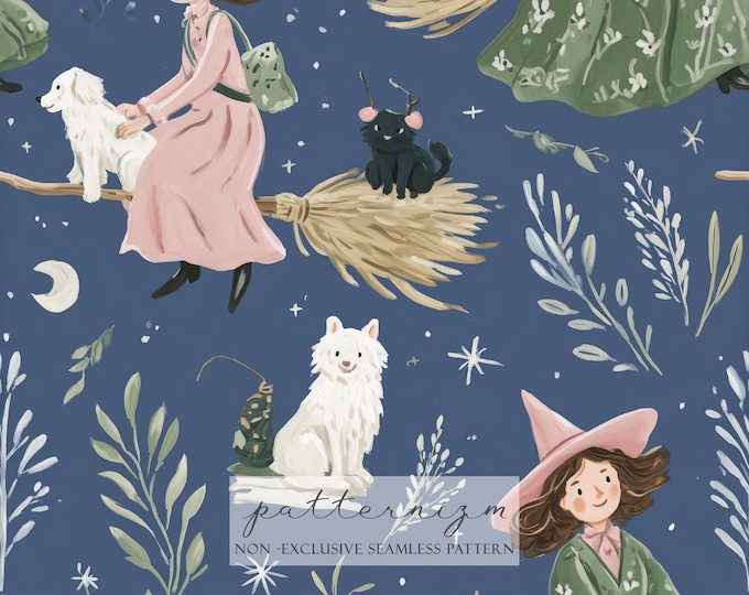 Cute Witch Seamless Pattern – Magic Girl, Cat and Dog Flying Repeat on Night Sky for Halloween Fabric, Kids Decor and Craft Projects