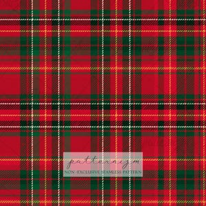 May include: A seamless tartan pattern featuring a vibrant red base with intersecting horizontal and vertical stripes in dark green, thin white, and yellow lines. A rectangular overlay displays the text patternizm NON-EXCLUSIVE SEAMLESS PATTERN.