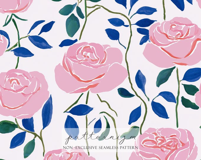 Watercolor Pink Rose Pattern Digital Paper – Soft Romantic Roses on White, Minimal Seamless Floral Design