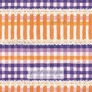 May include: A seamless digital pattern featuring horizontal bands of purple and light purple gingham alternating with orange and white vertical stripes, separated by white lace trim borders. The text patternizm NON-EXCLUSIVE SEAMLESS PATTERN is visible.