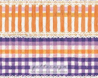 Halloween Plaid Lace Seamless Pattern Digital Download – Orange Purple Gingham Stripe Spooky Cute Repeat Design