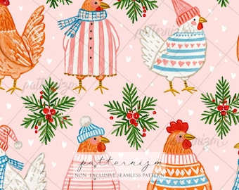 Chicken Christmas Seamless Pattern Digital Download, Cozy Hens Holiday Botanical Pink Design