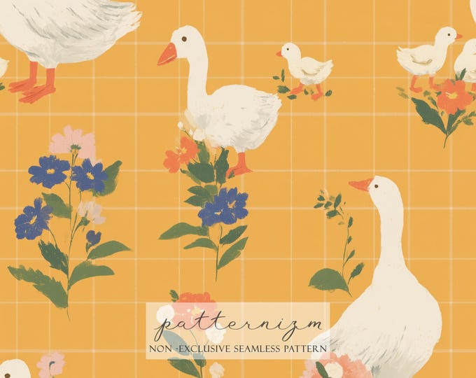 Cottage Goose Seamless Pattern – Mustard Grid Background with Cute Farm Ducks and Wildflowers, Vintage Digital Paper