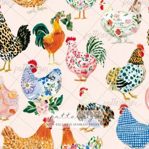 May include: A repeating pattern of watercolor chickens and roosters in various colors and patterns, including floral and polka dot designs, on a light pink background. The text "NON-EXCLUSIVE SEAMLESS PATTERN" is at the bottom.