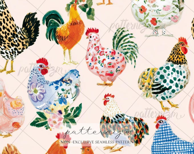 Chicken Seamless Pattern, Farm Animal Pattern, Rooster Hen Design, Cottage Farm Print, Country Kitchen Fabric