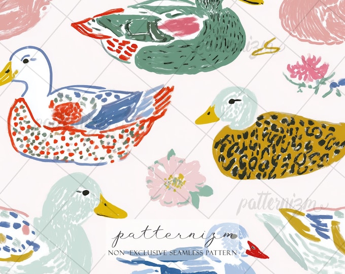 Seamless Duck Pattern Digital Download, Whimsical Cottagecore Duck Illustration with Floral Accents, Farm Animal Fabric Print for Kids Decor