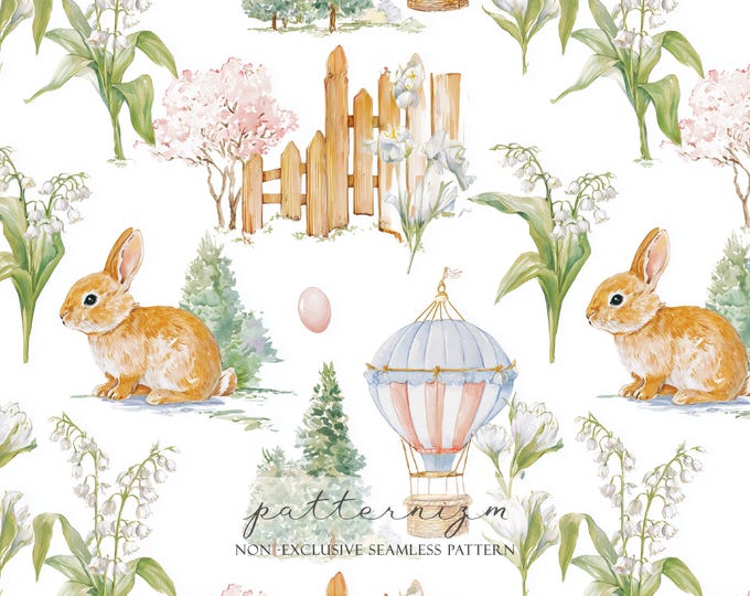Spring Garden Seamless Pattern Digital Paper – Easter Bunny Cottagecore Watercolor Repeat Design