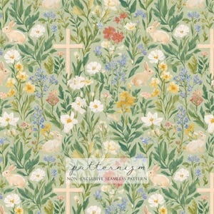 Op de afbeelding: Naadloos patroon met konijntjes, kruisen en bloemen in wit, geel, blauw en rood op een lichtgroene achtergrond. De tekst "patternizm" en "NON-EXCLUSIVE SEAMLESS PATTERN" zijn ook zichtbaar.