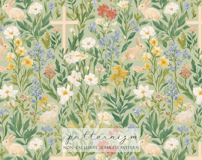 Easter Cross Seamless Pattern – Christian Bunny Meadow with Spring Flowers, Religious Easter Digital Paper