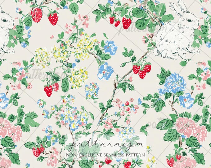 Seamless Easter Garden Pattern Digital Download – Bunny, Strawberry & Floral Design, Spring Cottagecore Fabric Print
