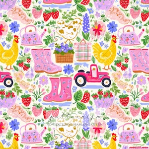 Téléchargement numérique du motif sans couture de la vie à la ferme - Poulet et jardin Cottagecore, impression aux fraises, tissu fantaisiste pour travaux manuels pour enfants
