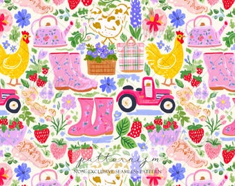 Nahtloses Muster auf dem Bauernhof Digitaler Download - Cottagecore Huhn und Garten Design, Erdbeere zum ausdrucken, wunderlicher Stoff für Kinder zum Basteln