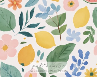 Digitales Papier mit Aquarell-Sommergarten-nahtlosem Muster – helles Blumenmotiv im Freien