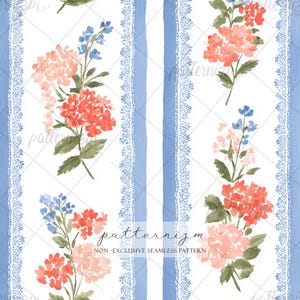 Seamless Soft Patriotic Floral Pattern Digital Download – Subtle 4th of July Americana Stripe & Delicate Wildflower Design, Cottagecore