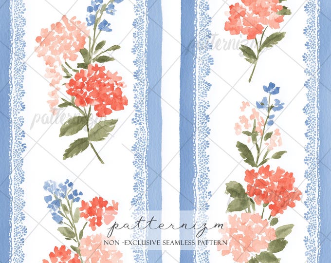 Seamless Soft Patriotic Floral Pattern Digital Download – Subtle 4th of July Americana Stripe & Delicate Wildflower Design, Cottagecore