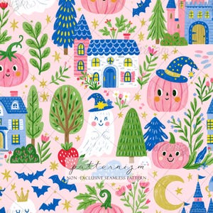 Seamless Cute Halloween Village Pattern Digital Download – Pink Pumpkin Ghost Witch Castle, Whimsical Bat Fabric for Kids & Fall Crafts Art