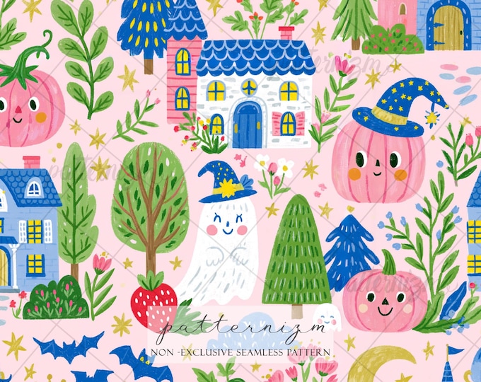 Seamless Cute Halloween Village Pattern Digital Download – Pink Pumpkin Ghost Witch Castle, Whimsical Bat Fabric for Kids & Fall Crafts Art