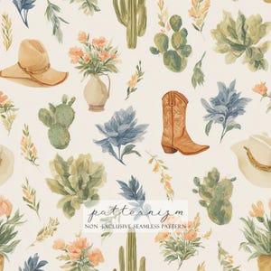 May include: Watercolor pattern featuring a cowboy boot, hats, cacti, and floral arrangements in shades of tan, green, blue, and peach. The design includes the text "patternizm" and "NON - EXCLUSIVE SEAMLESS PATTERN".