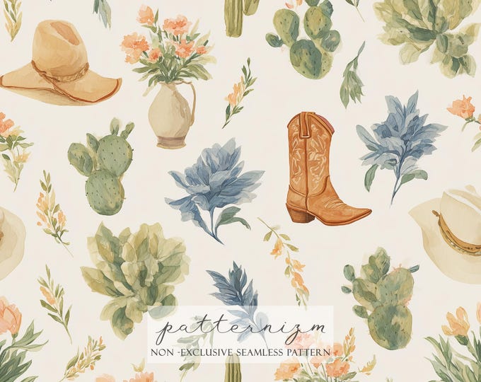 Watercolor Boho Western Seamless Pattern Digital Paper – Hats Boots Cactus Floral Design