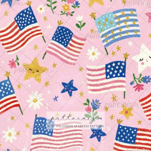 Puede incluir: Patrón sin costuras rosa con banderas americanas, estrellas y flores rojas, blancas, azules y amarillas. El diseño incluye varios estilos de banderas e ilustraciones caprichosas de estrellas y flores.