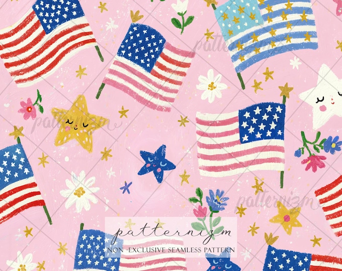 Seamless 4th of July Pattern Digital Download – Cute American Flag & Star Floral Design, Patriotic Pink Print, Whimsical Summer Fabric