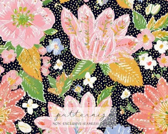 Pink Floral Night Garden Seamless Pattern Digital Download – Romantic Botanical Print, Cottage Fabric Design