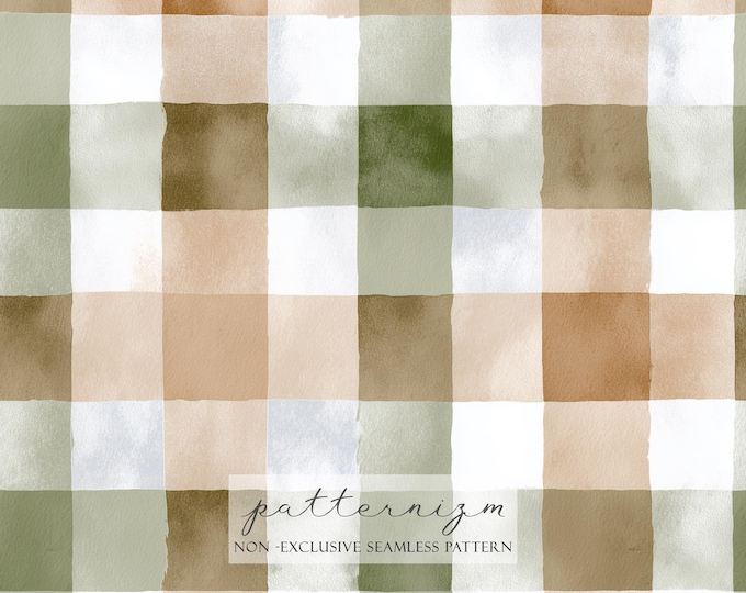 Seamless Beige Gingham Floral Pattern Digital Download – Soft Botanical Cottagecore Design, Vintage Check Fabric, Spring Garden Decor