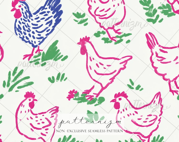 Playful Chicken Sketch Seamless Pattern – Minimal Farm Hen Repeat Design