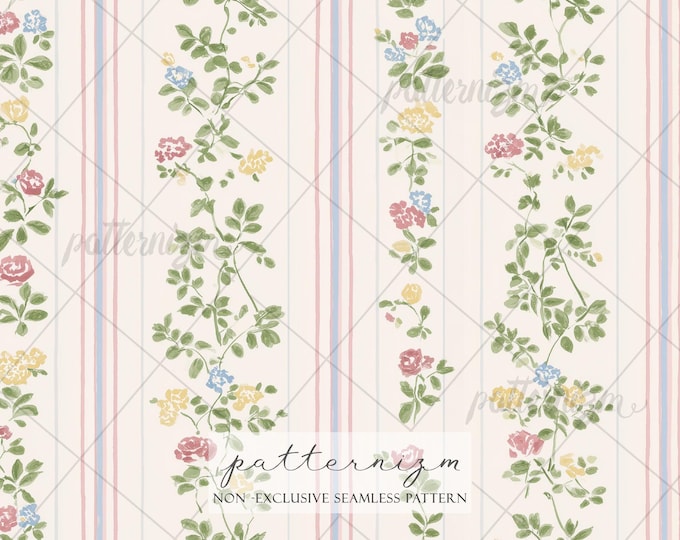 Vintage Floral Stripe Pattern Digital Download – Soft Pastel Roses Seamless Design, Cottage Garden Stripes, Elegant Fabric Print