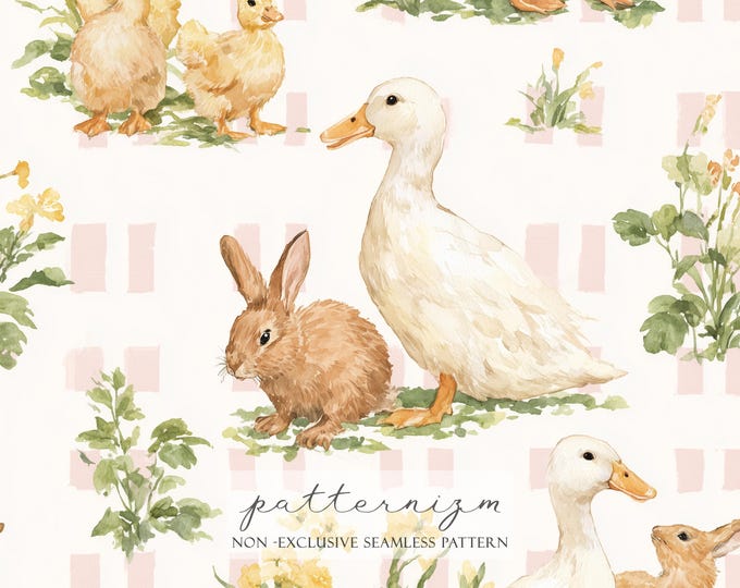 Cute Duck Family Seamless Pattern Digital Paper – Watercolor Spring Nursery Animal Repeat Design