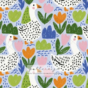 May include: A seamless pattern on a light blue background featuring white geese with black spots, orange beaks, and orange feet, interspersed with pink and orange tulips, green foliage, and blue shapes. Text reads patternizm NON-EXCLUSIVE SEAMLESS PATTERN.