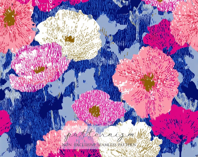 Bold Floral Seamless Pattern – Repeat Colorful Poppies in Pink, White and Blue for Fabric, Wallpaper, Fashion Design & Crafts