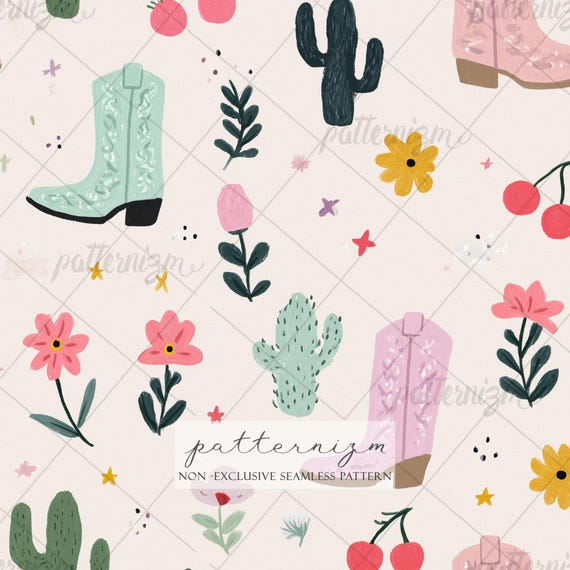 Seamless Western Cowboy Boot Pattern Digital Download – Pink & Teal Cactus Design, Whimsical Desert Garden, Retro Cowgirl Fabric for Kids