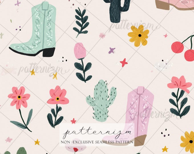 Seamless Western Cowboy Boot Pattern Digital Download – Pink & Teal Cactus Design, Whimsical Desert Garden, Retro Cowgirl Fabric for Kids