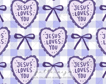 Jesus Loves You Purple Seamless Pattern Digital Paper – Cute Christian Heart Gingham Repeat Design
