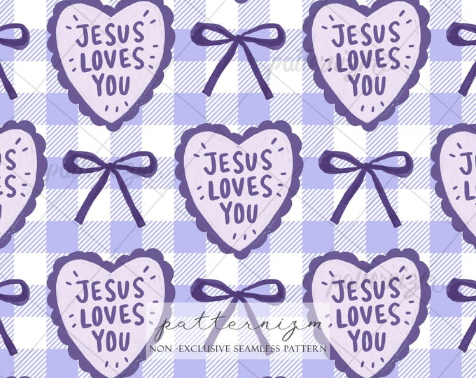 Jesus Loves You Purple Seamless Pattern Digital Paper – Cute Christian Heart Gingham Repeat Design