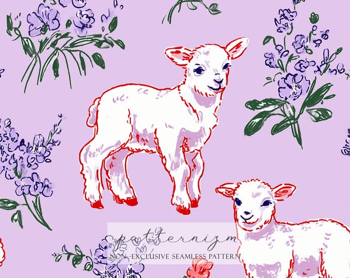 Easter Lamb Seamless Pattern Digital Download – Cute Baby Sheep with Flowers, Spring Nursery Repeat