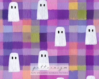 Pastel Ghost Halloween Seamless Pattern Digital Paper – Cute White Ghosts on Colorful Checkered Background for Crafts & Kids Decor