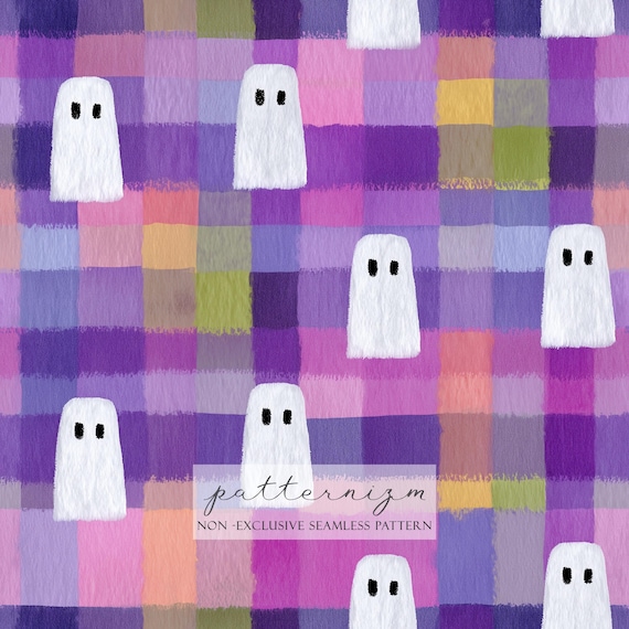 Pastel Ghost Halloween Seamless Pattern Digital Paper – Cute White Ghosts on Colorful Checkered Background for Crafts & Kids Decor