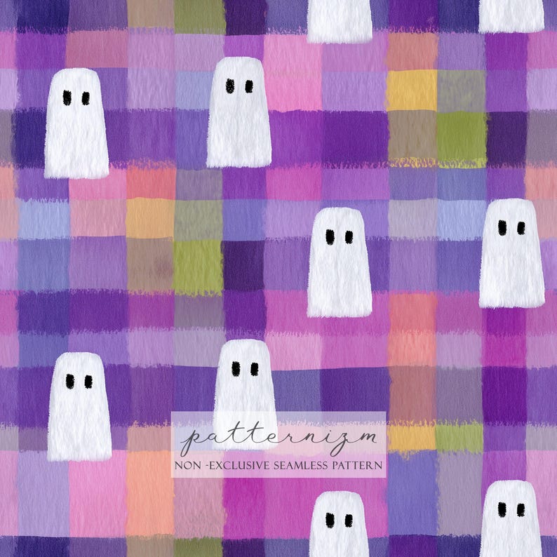 May include: Seamless pattern featuring white ghost illustrations with black eyes on a colorful, checkered background. The background is composed of various shades of purple, pink, yellow, and green. The text "patternizm" and "NON-EXCLUSIVE SEAMLESS PATTERN" are at the bottom.