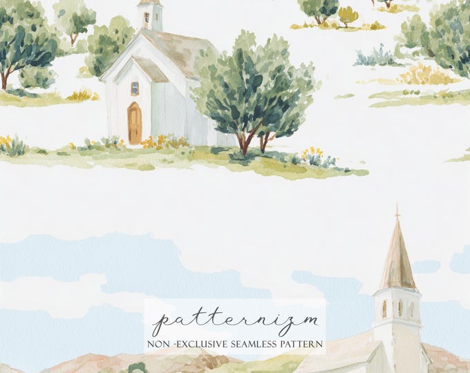 Easter Church Seamless Pattern – Peaceful Countryside Chapel, Soft Watercolor Spring Repeat Design