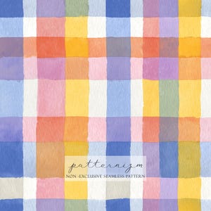 May include: Watercolor plaid pattern in a grid of colorful squares. The design features a mix of blue, purple, pink, orange, yellow, and green hues. The text "patternizm" and "NON-EXCLUSIVE SEAMLESS PATTERN" are at the bottom.