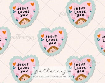 Jesus Loves You Heart Seamless Pattern Digital Download – Christian Nursery Print, Faith Based Kids Fabric Design