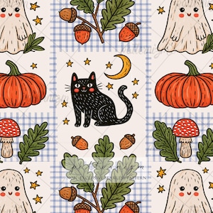 May include: A seamless pattern featuring a black cat, orange pumpkins, white ghosts, red mushrooms, acorns, oak leaves, yellow stars, and a crescent moon on a light background with a blue and white checkered grid overlay and text.