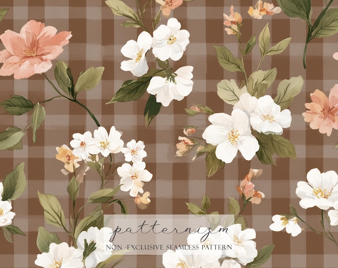 Brown Floral Gingham Seamless Pattern – Vintage Cottage Flowers Repeat, Grandmacore Fabric