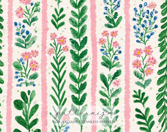 Pink Floral Stripe Seamless Pattern – Painted Cottage Flowers in Vintage Pink Ribbons, Digital Paper for Crafts & Fabric