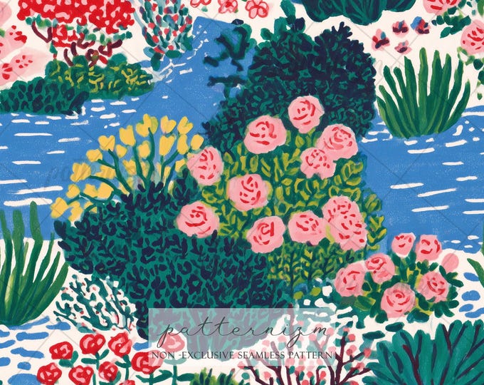 Garden Seamless Pattern, Pond Floral Design, Cottage Garden Print, Vintage Botanical Landscape, Nature Inspired Fabric