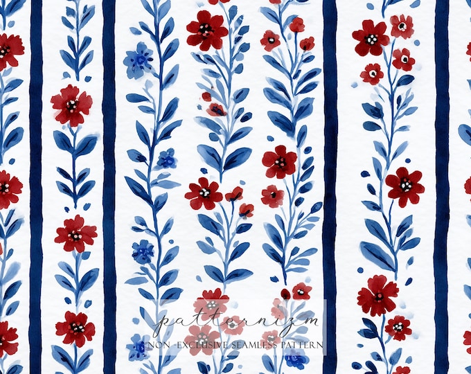 Watercolor Floral Stripe Seamless Pattern Digital Paper – Blue and Red Folk Style Flower Design