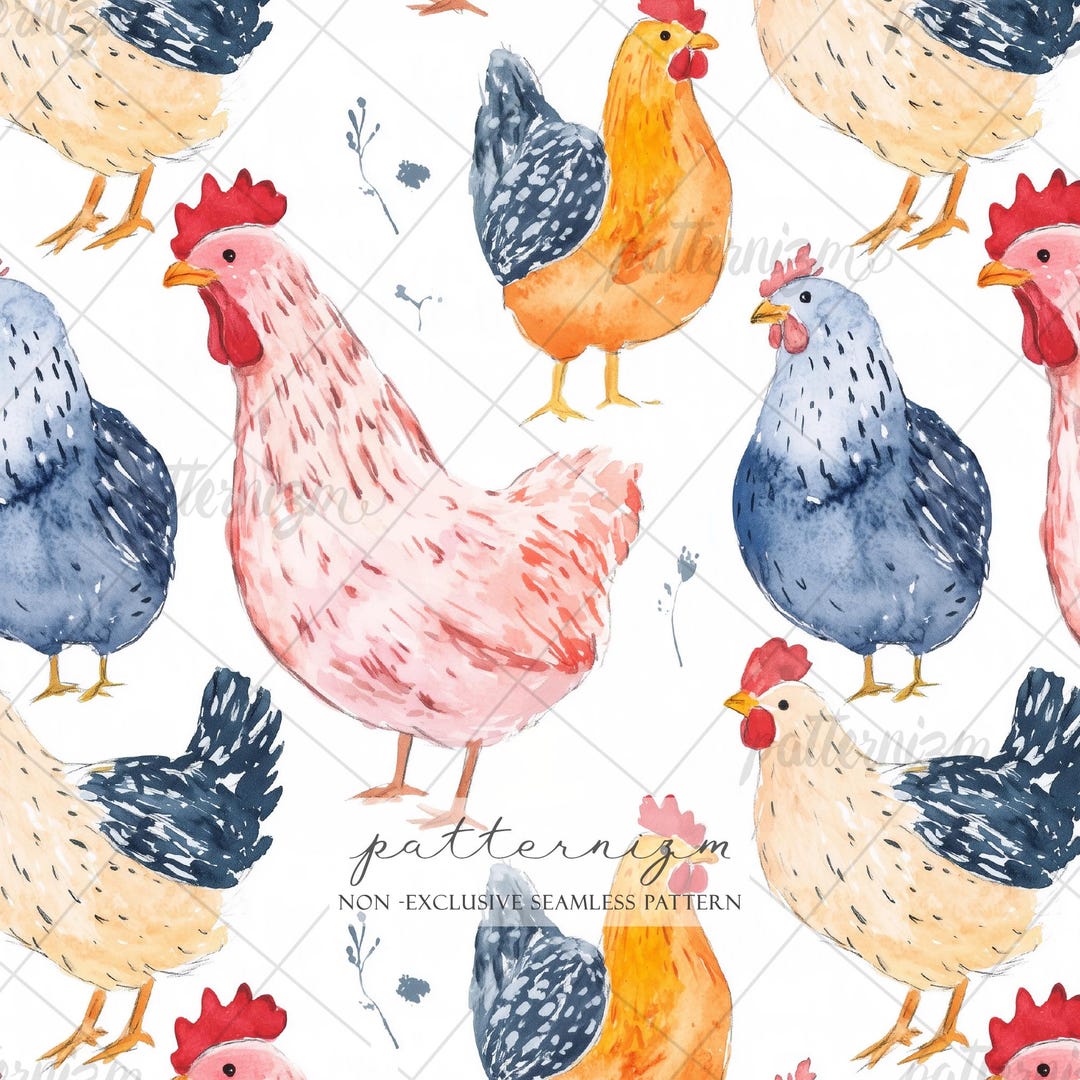 Seamless Watercolor Chicken Pattern Digital Download – Whimsical ...